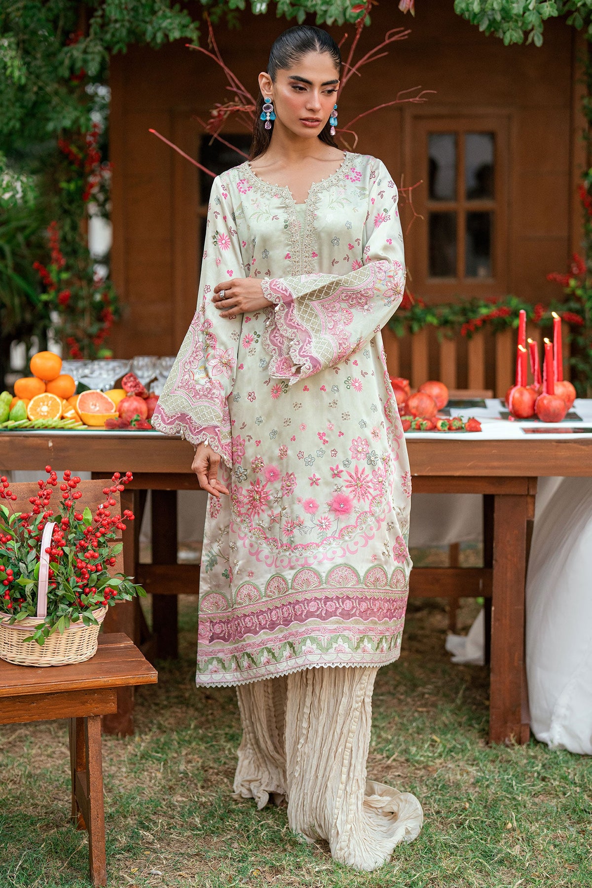 SS26DA-2912 L-GREEN -SILK TUNIC- 2PCS HAND EMBELLISHED SHIRT WITH TROUSER