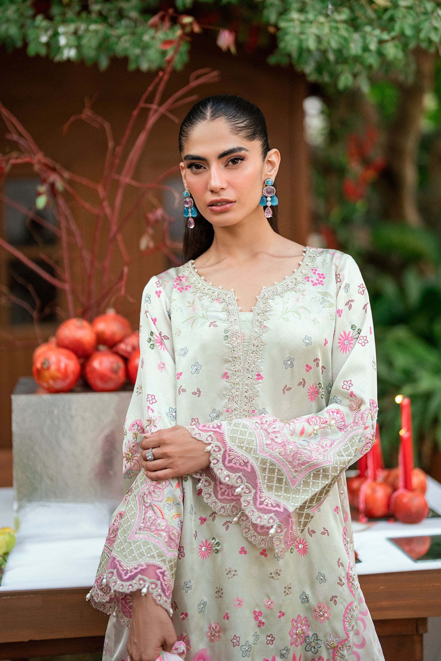 SS26DA-2912 L-GREEN -SILK TUNIC- 2PCS HAND EMBELLISHED SHIRT WITH TROUSER