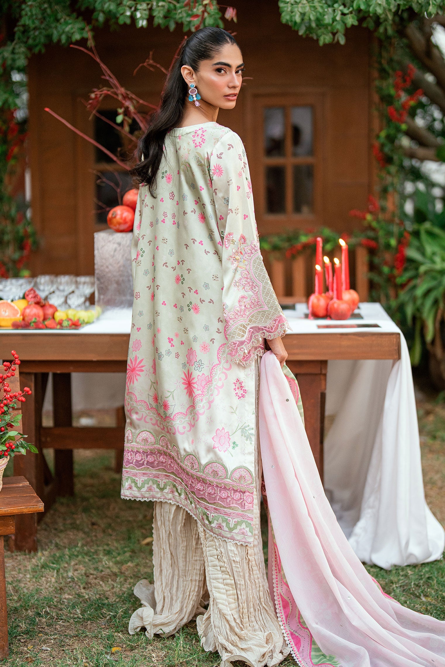 SS26DA-2912 L-GREEN -SILK TUNIC- 2PCS HAND EMBELLISHED SHIRT WITH TROUSER