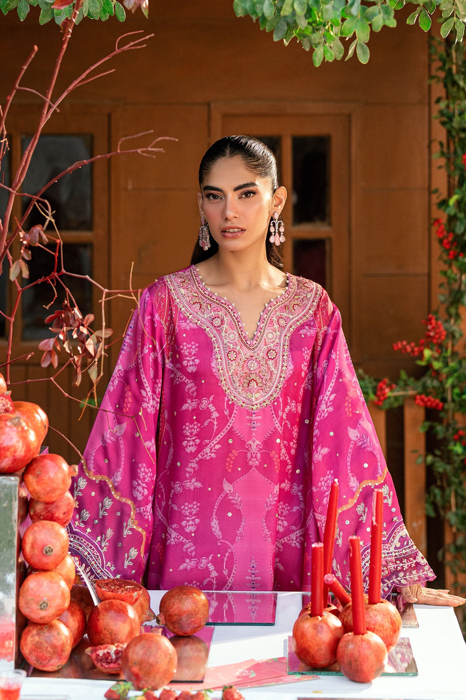SS26DA-2915 DARK PINK -SILK TUNIC - 1PCS HAND EMBELLISHED KAFTAN