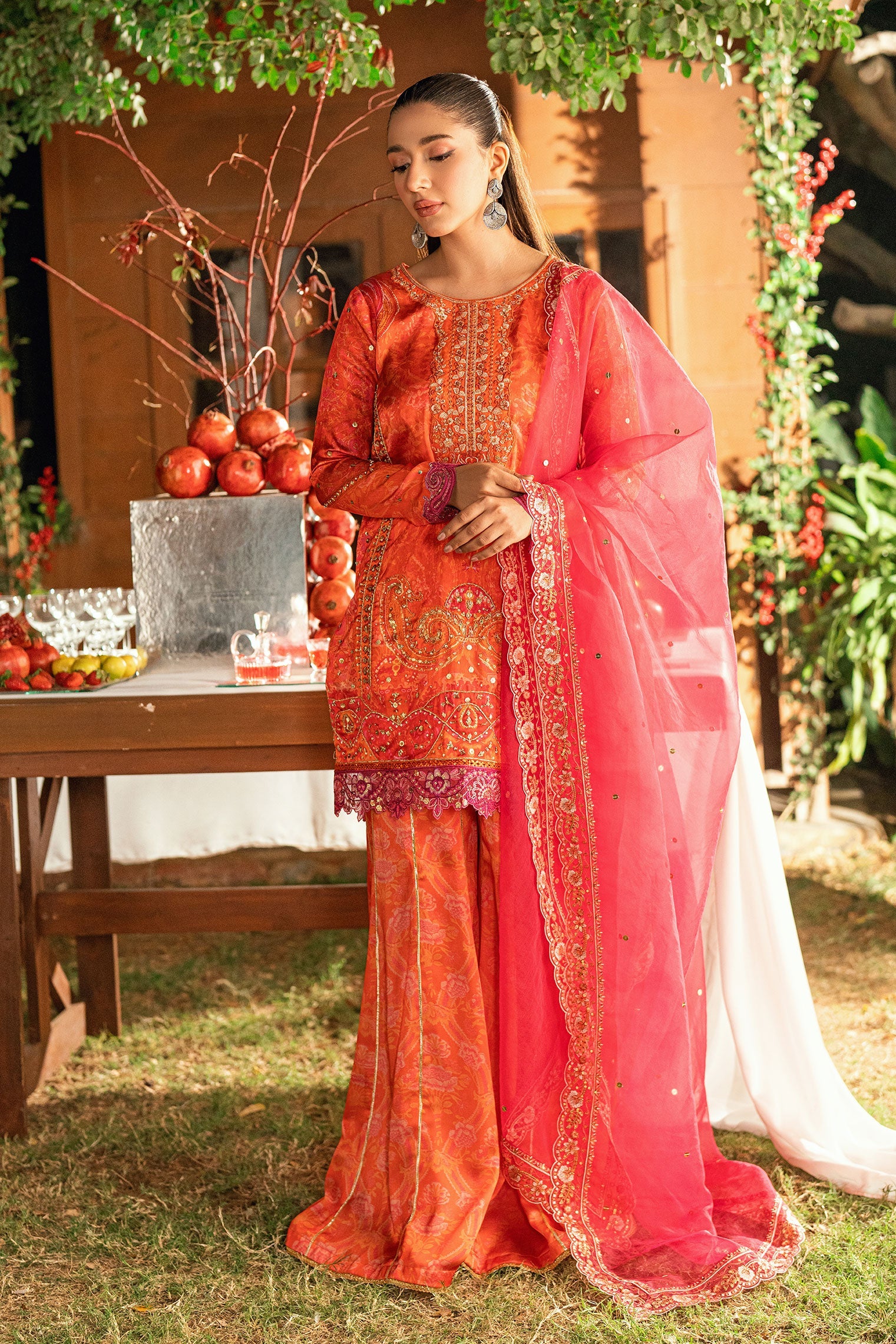 SS26DA-2916 ORANGE -SILK TUNIC- 2PCS HAND EMBELLISHED SHIRT WITH TROUSER