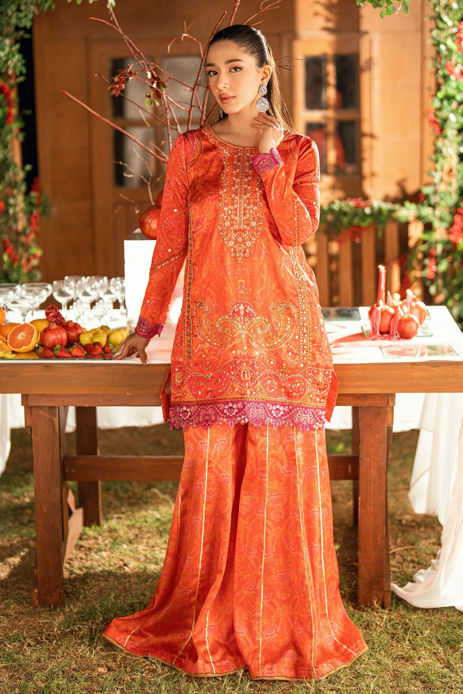 SS26DA-2916 ORANGE -SILK TUNIC- 2PCS HAND EMBELLISHED SHIRT WITH TROUSER