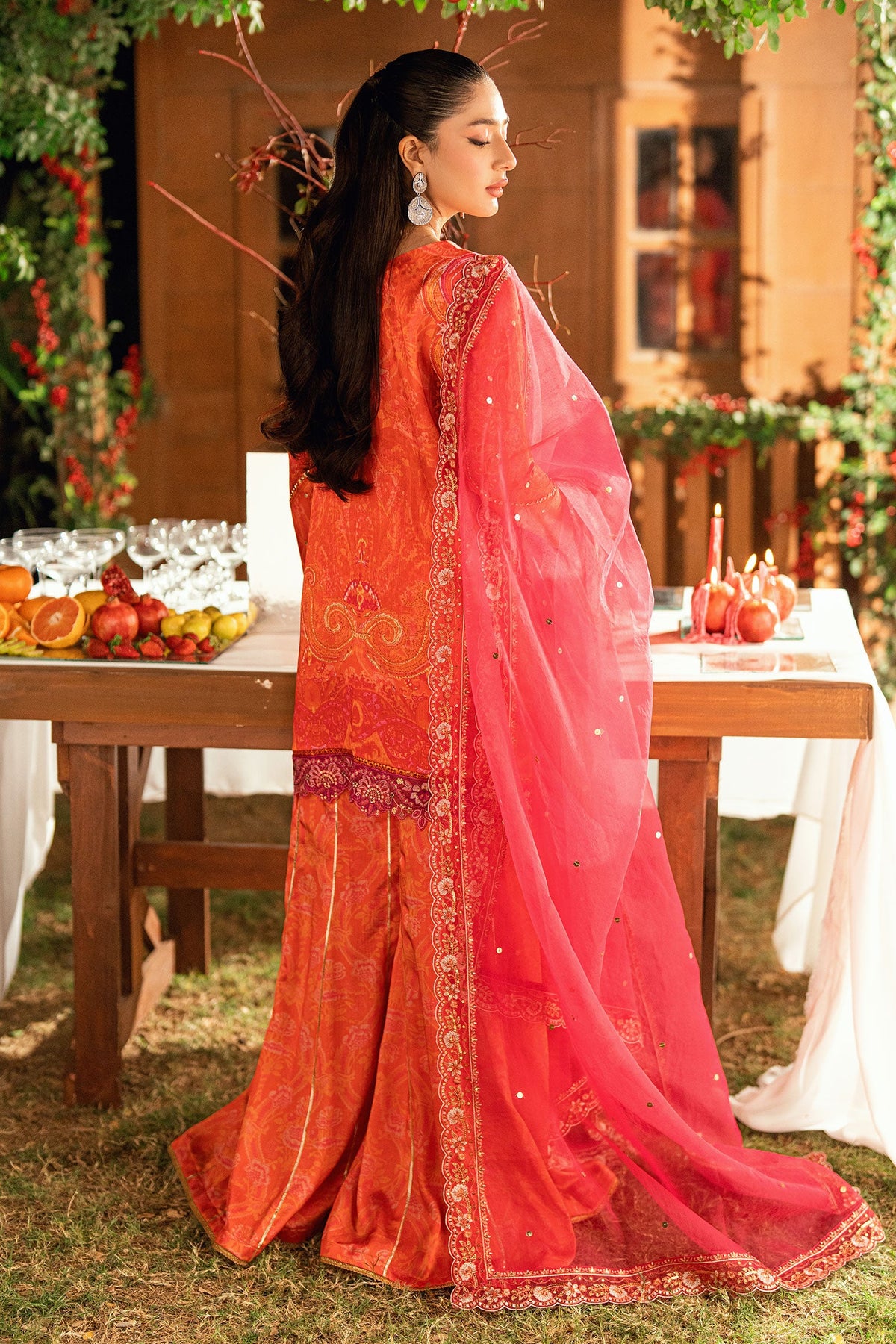 SS26DA-2916 ORANGE -SILK TUNIC- 2PCS HAND EMBELLISHED SHIRT WITH TROUSER