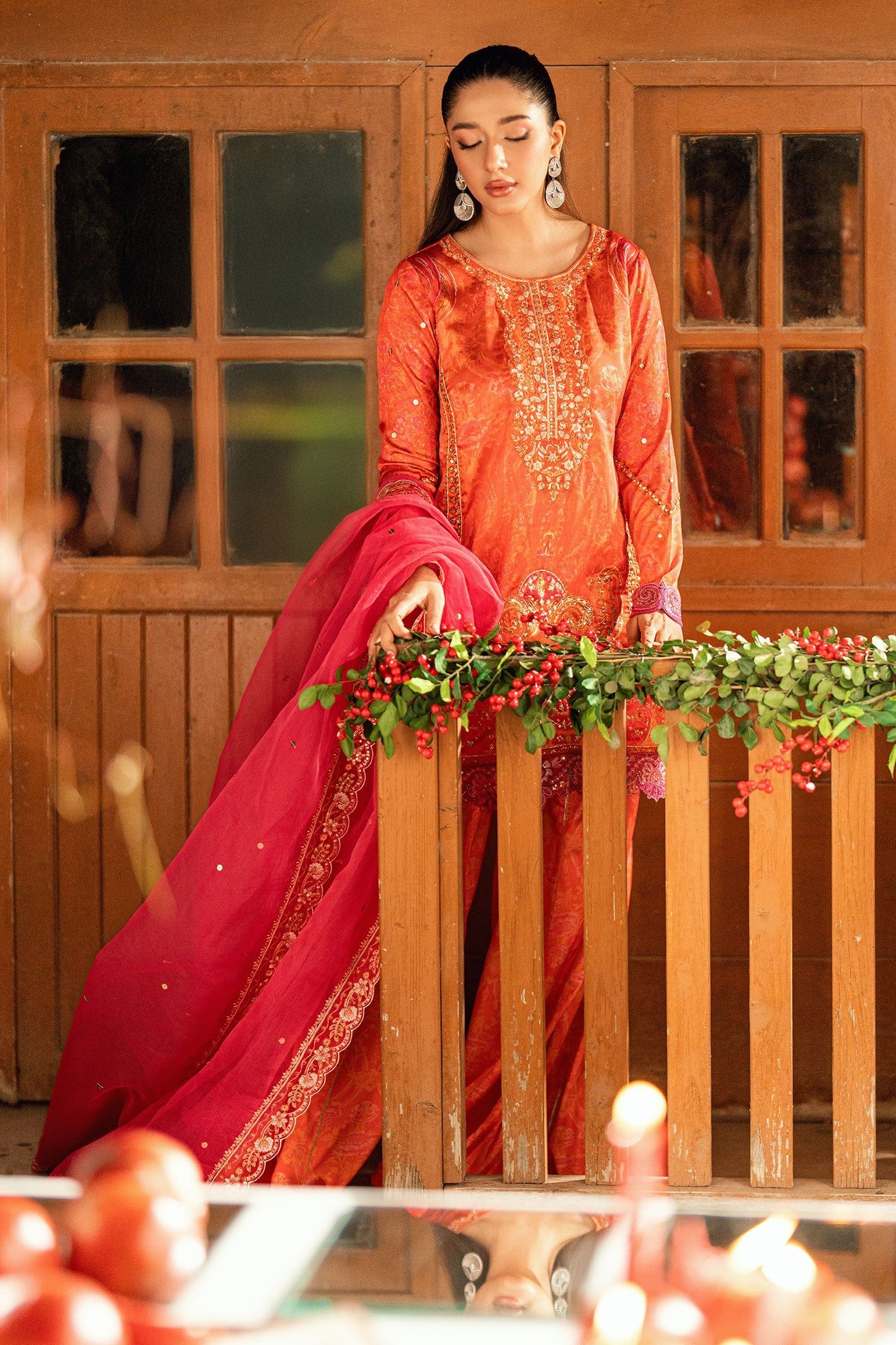 SS26DA-2916 ORANGE -SILK TUNIC- 2PCS HAND EMBELLISHED SHIRT WITH TROUSER