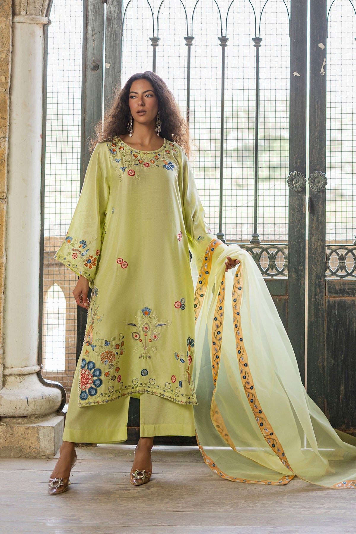 SS26DA-2925 NEON GREEN 2PCS EMBROIDERED KURTA WITH TROUSER