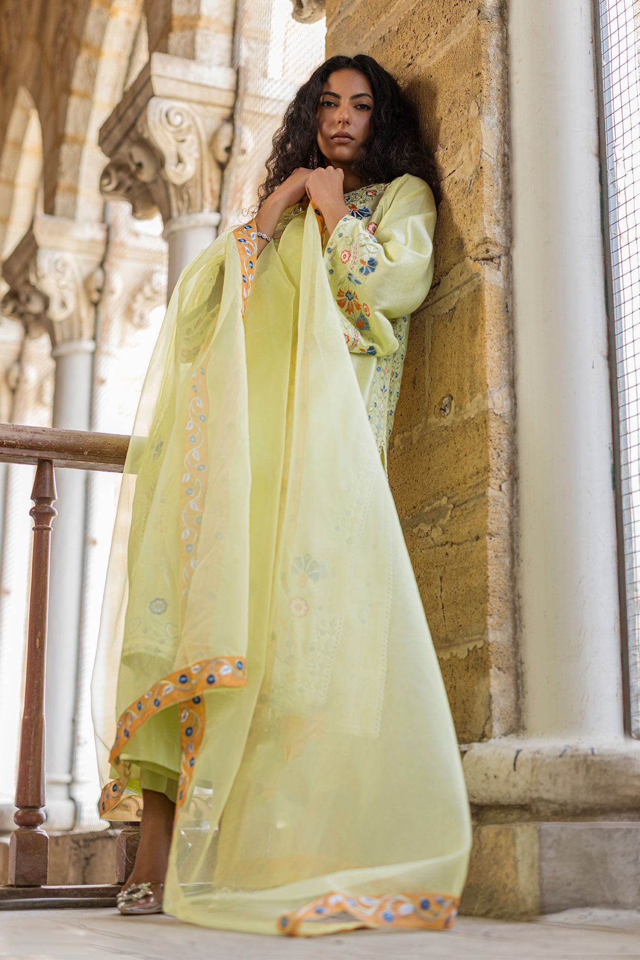 DUPATTA: SS26DD-2925 NEON GREEN EMBROIDED DUPATTA