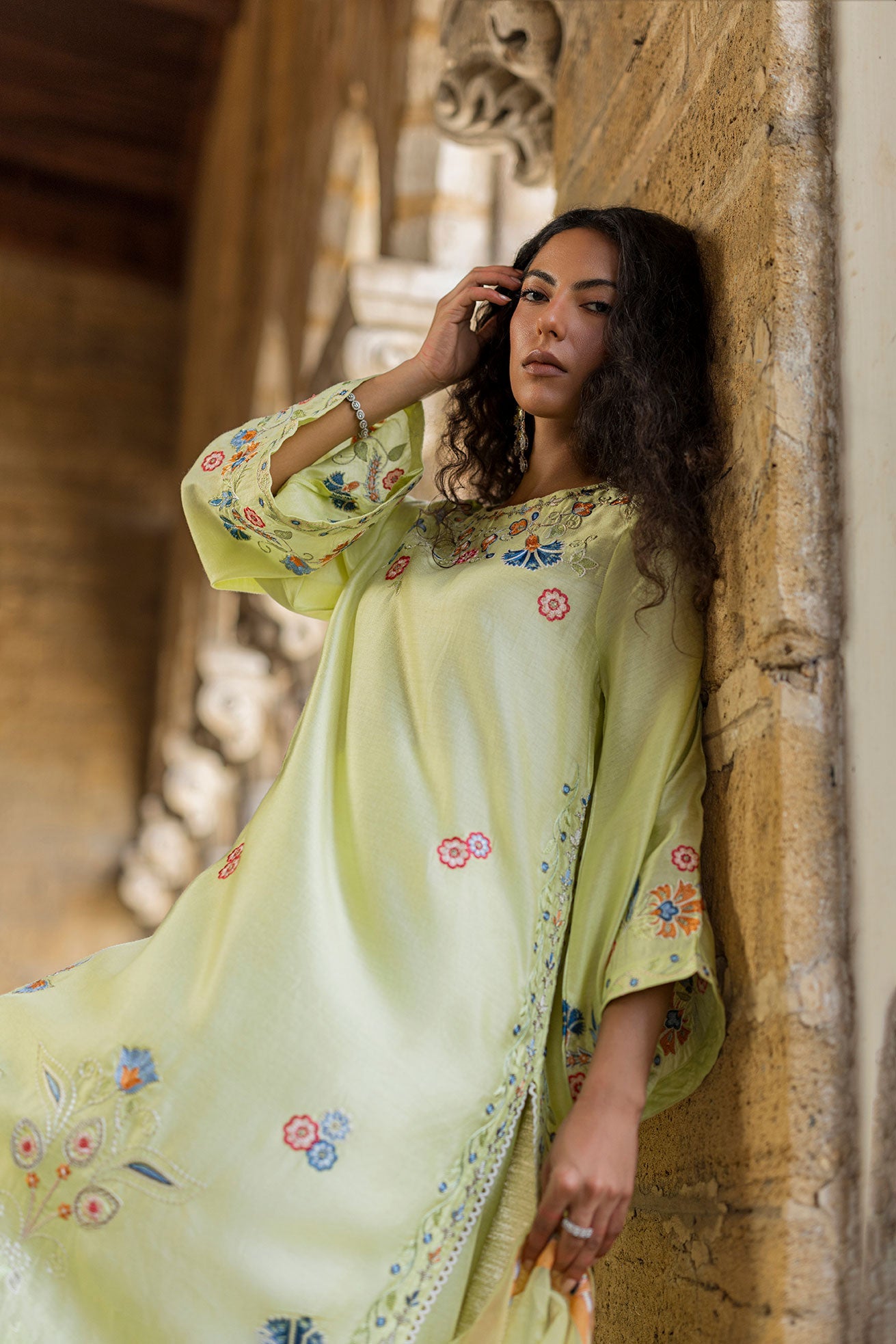 SS26DA-2925 NEON GREEN 2PCS EMBROIDERED KURTA WITH TROUSER