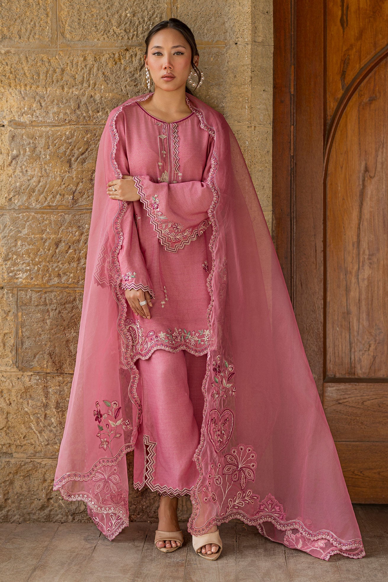 SS26DA-2926 PINK 2PCS EMBROIDERED KURTA WITH TROUSER