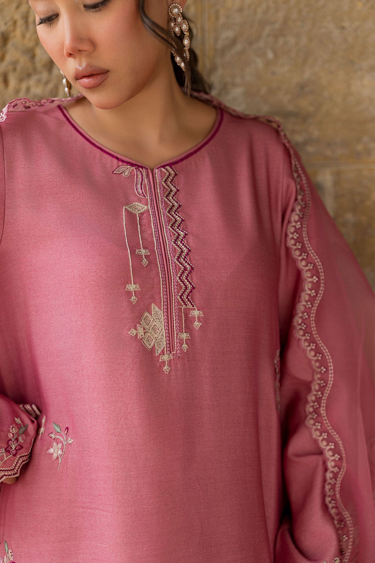 SS26DA-2926 PINK 2PCS EMBROIDERED KURTA WITH TROUSER