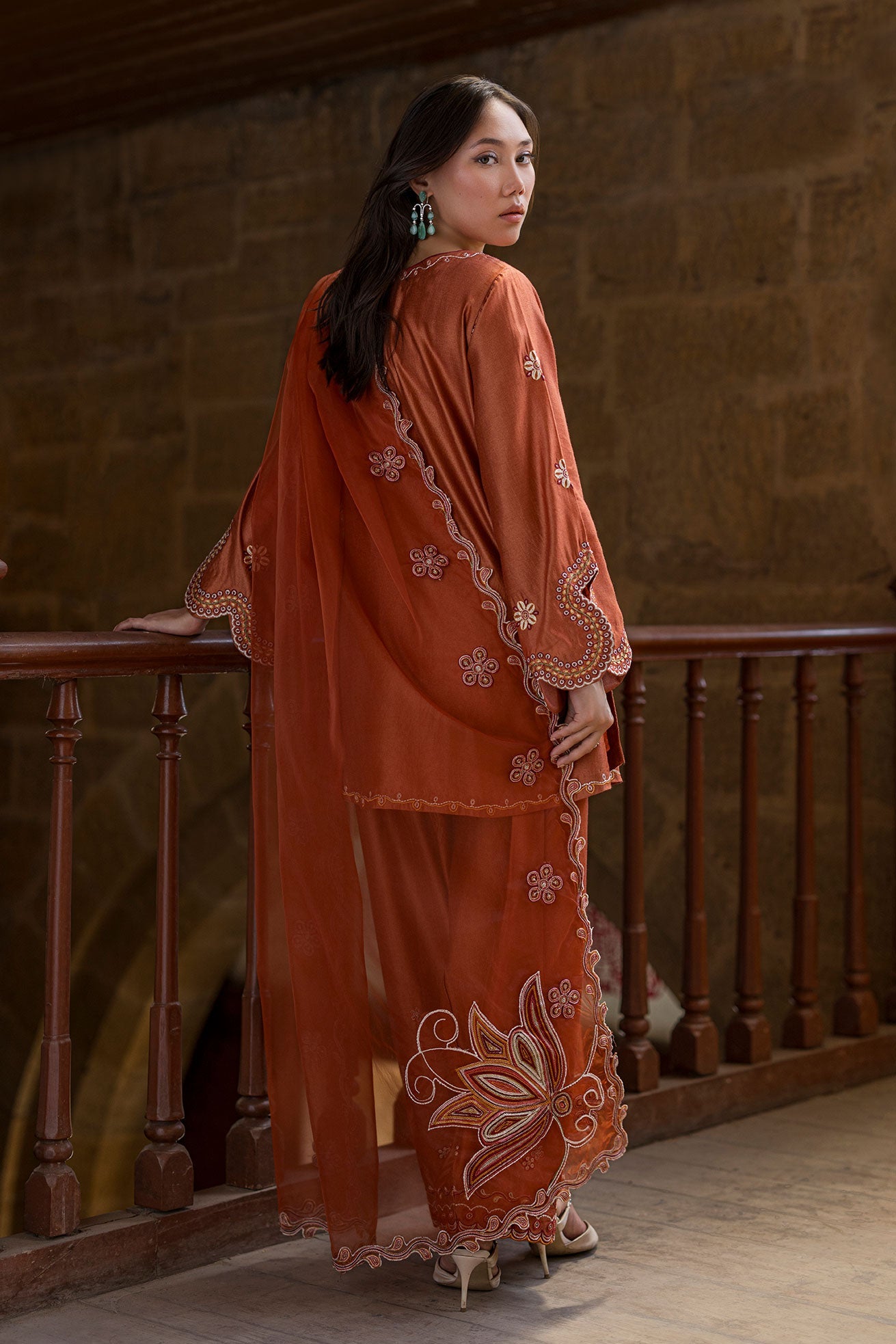 DUPATTA: SS26DD-2927 RUST EMBROIDED DUPATTA