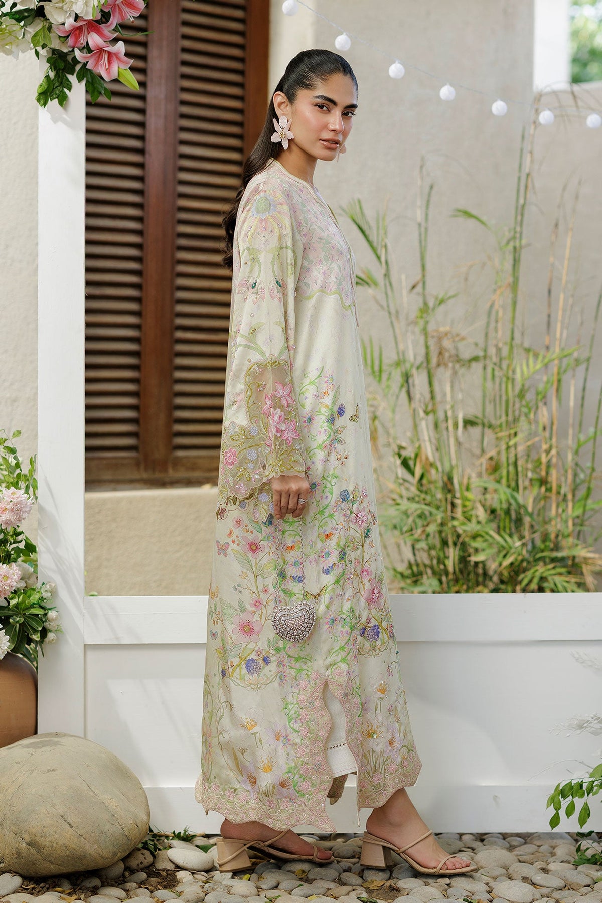 SS26DA-2931 L-GREEN -SILK TUNIC - 1PCS HAND EMBELLISHED KAFTAN