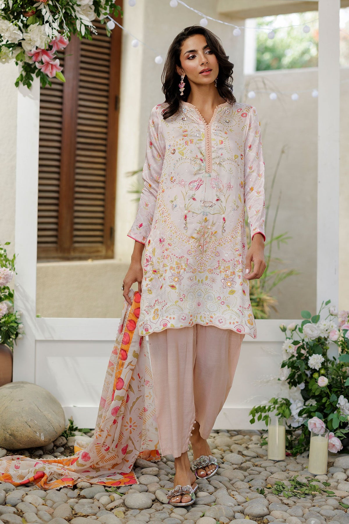 SS26DA-2938 PEACH -SILK TUNIC- 2PCS HAND EMBELLISHED SHIRT WITH TROUSER
