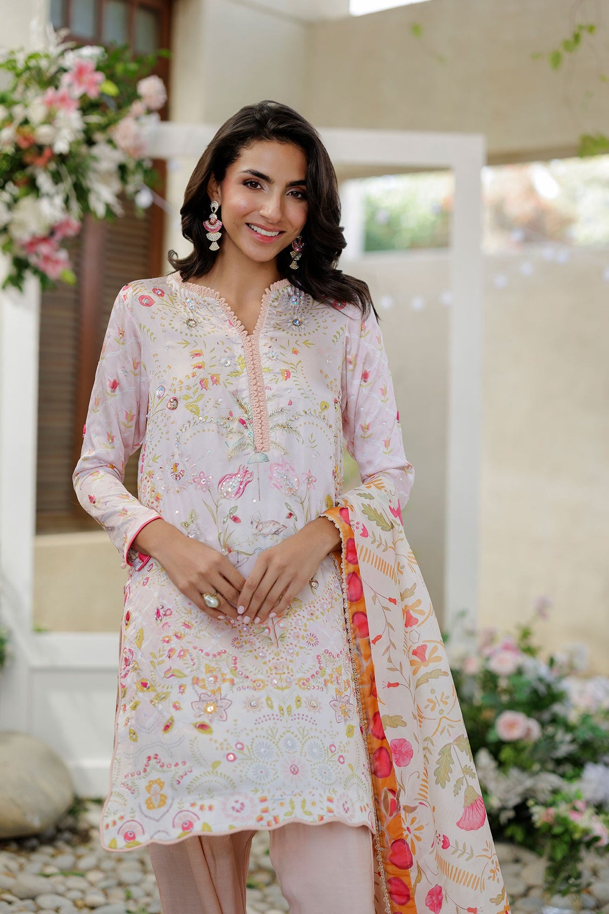 SS26DA-2938 PEACH -SILK TUNIC- 2PCS HAND EMBELLISHED SHIRT WITH TROUSER