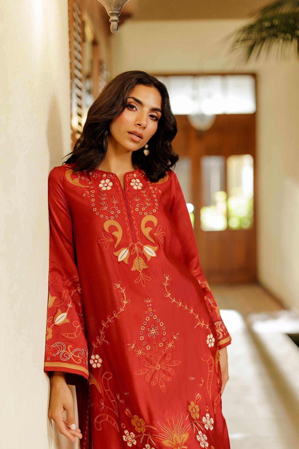 SS26DA-2945 RED 2PCS EMBROIDERED KURTA WITH TROUSER