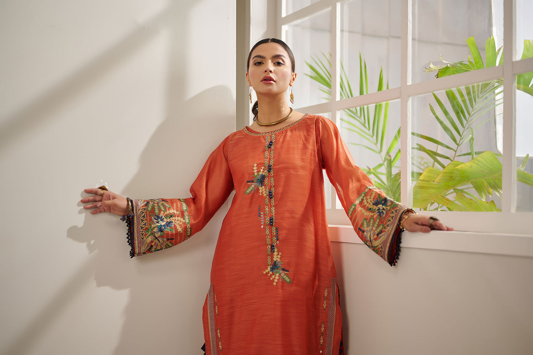 DC-0412 RUST 2PCS EMBROIDERED KURTA WITH TROUSER