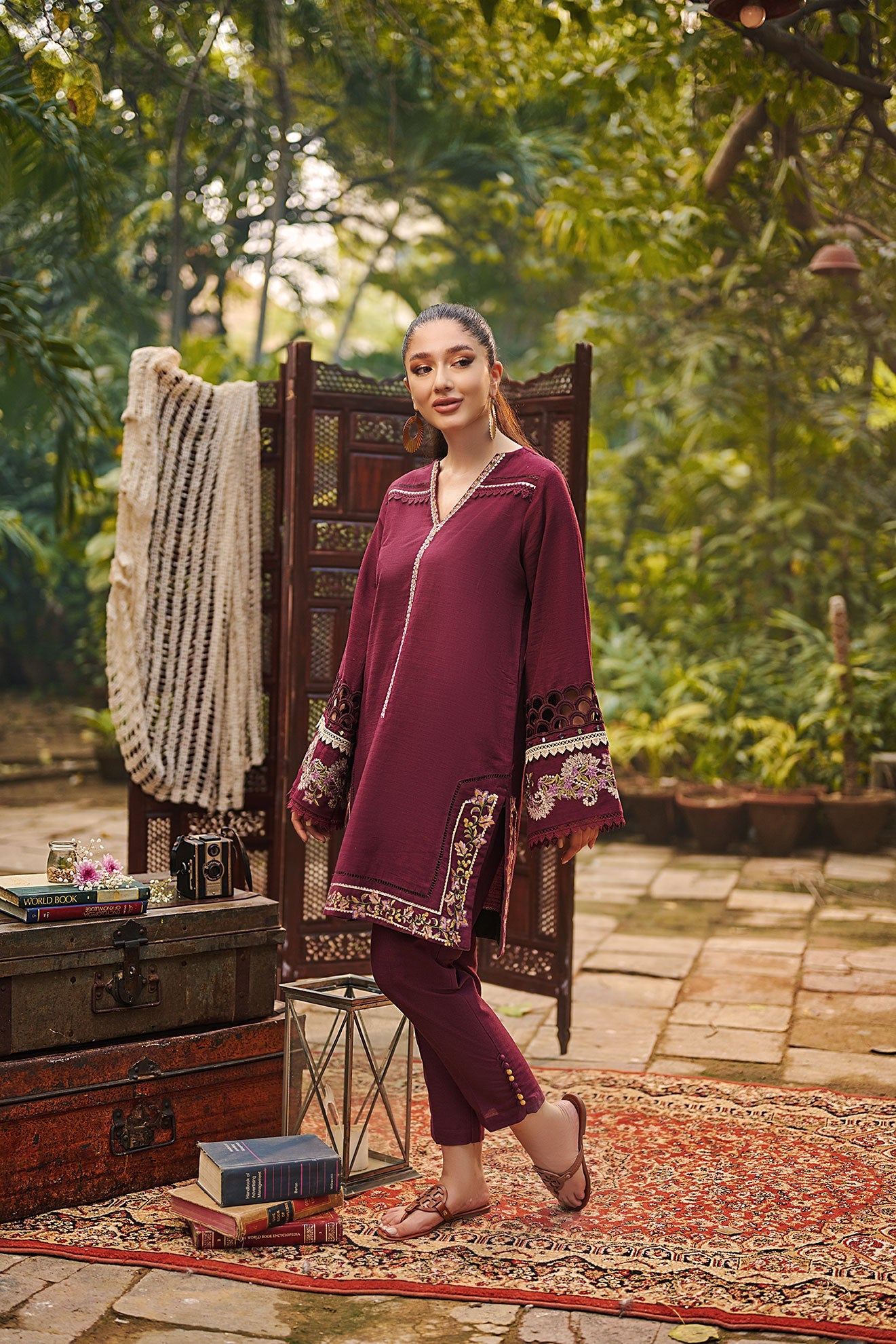 DC-2024 BURGUNDY 2PCS EMBROIDERED KURTA WITH TROUSER