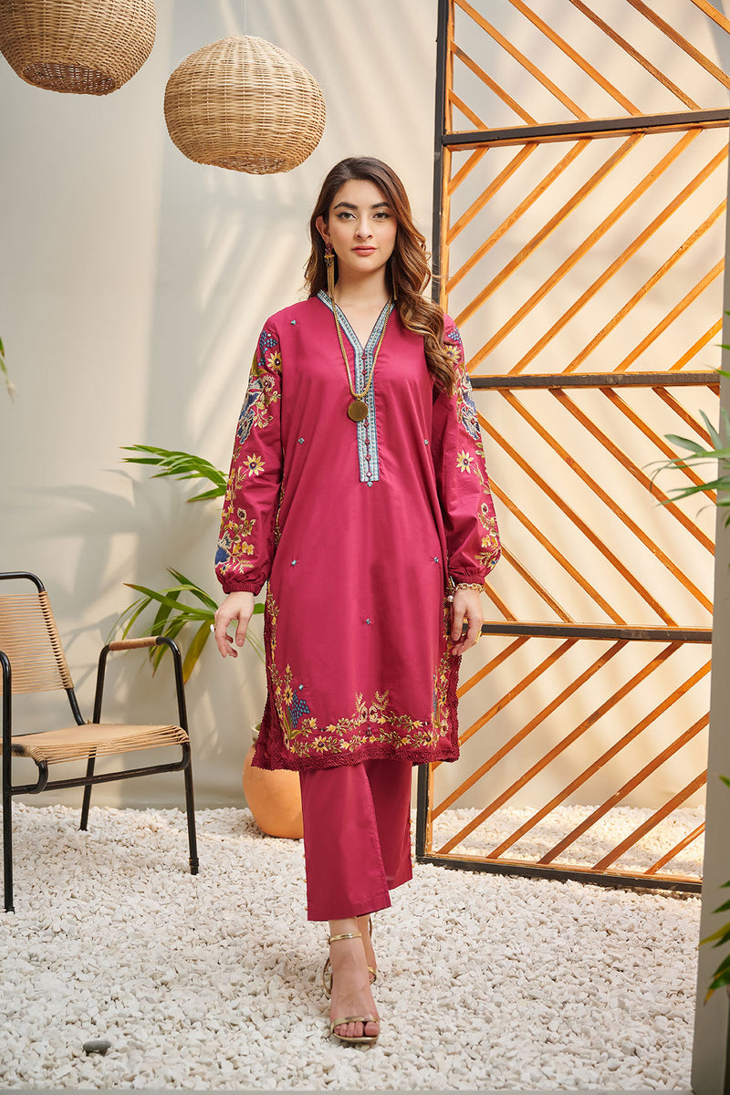 DC-2046 PINK 2PCS EMBROIDERED KURTA WITH TROUSER