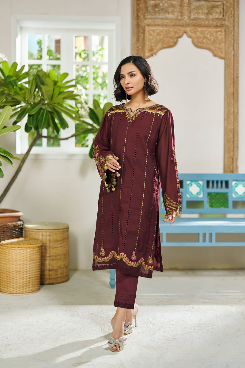 DC-2056 MAROON 2PCS EMBROIDERED KURTA WITH TROUSER