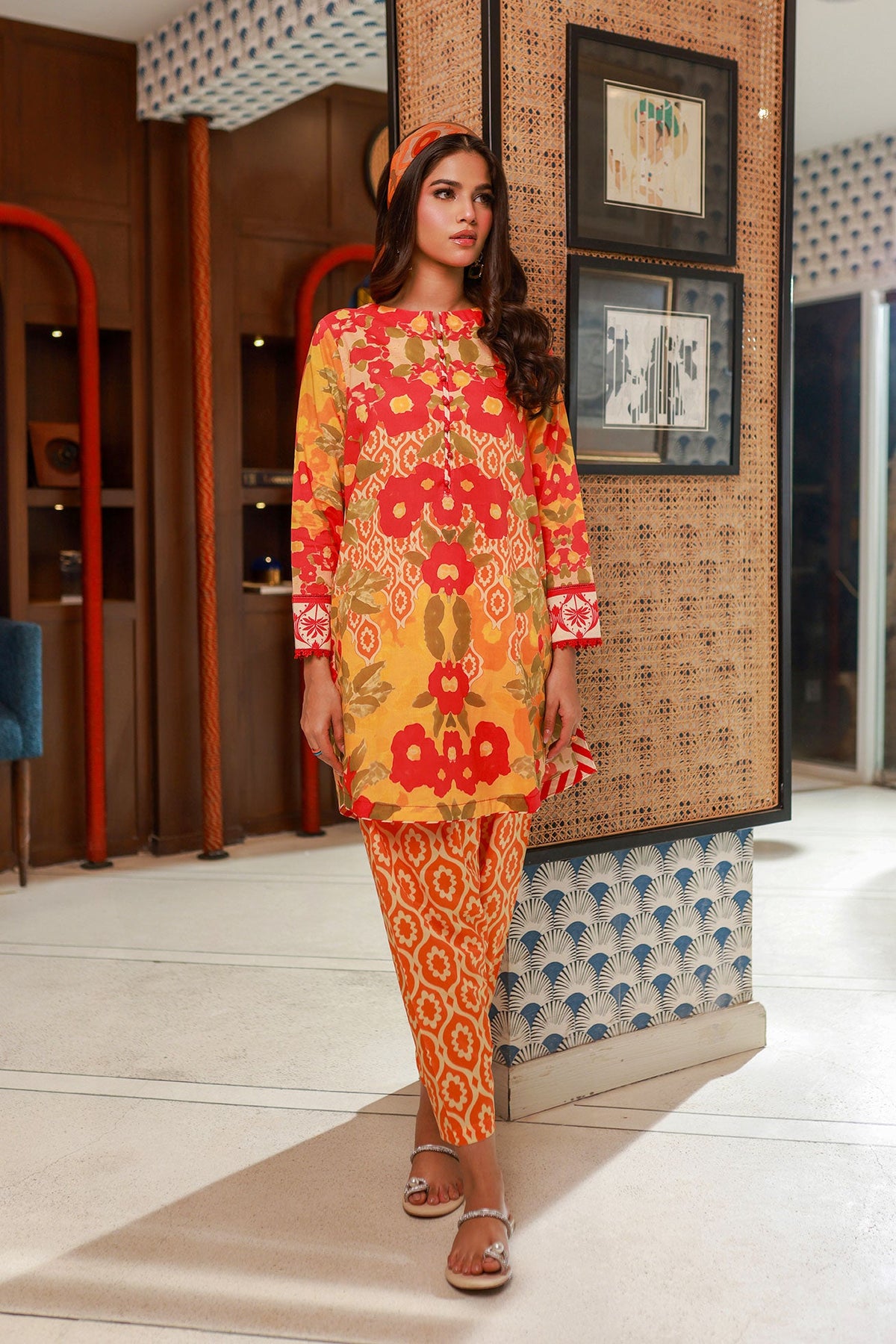 SS24DC-2526 ORANGE LAWN 2PCS PRINTED KURTA WITH TROUSER