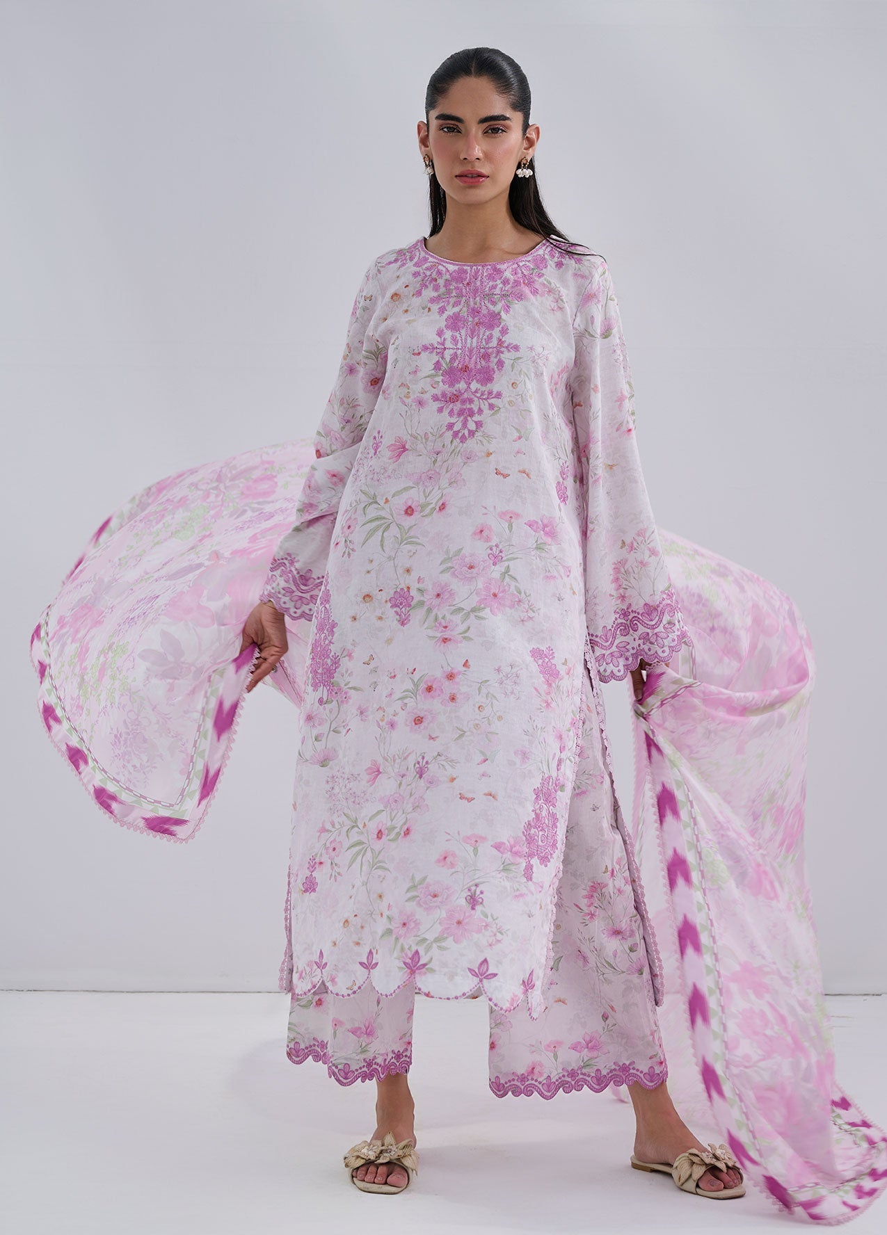 SS25DC-2557 PINK COTTON JACQUARD 2PCS EMBROIDERED KURTA WITH TROUSER