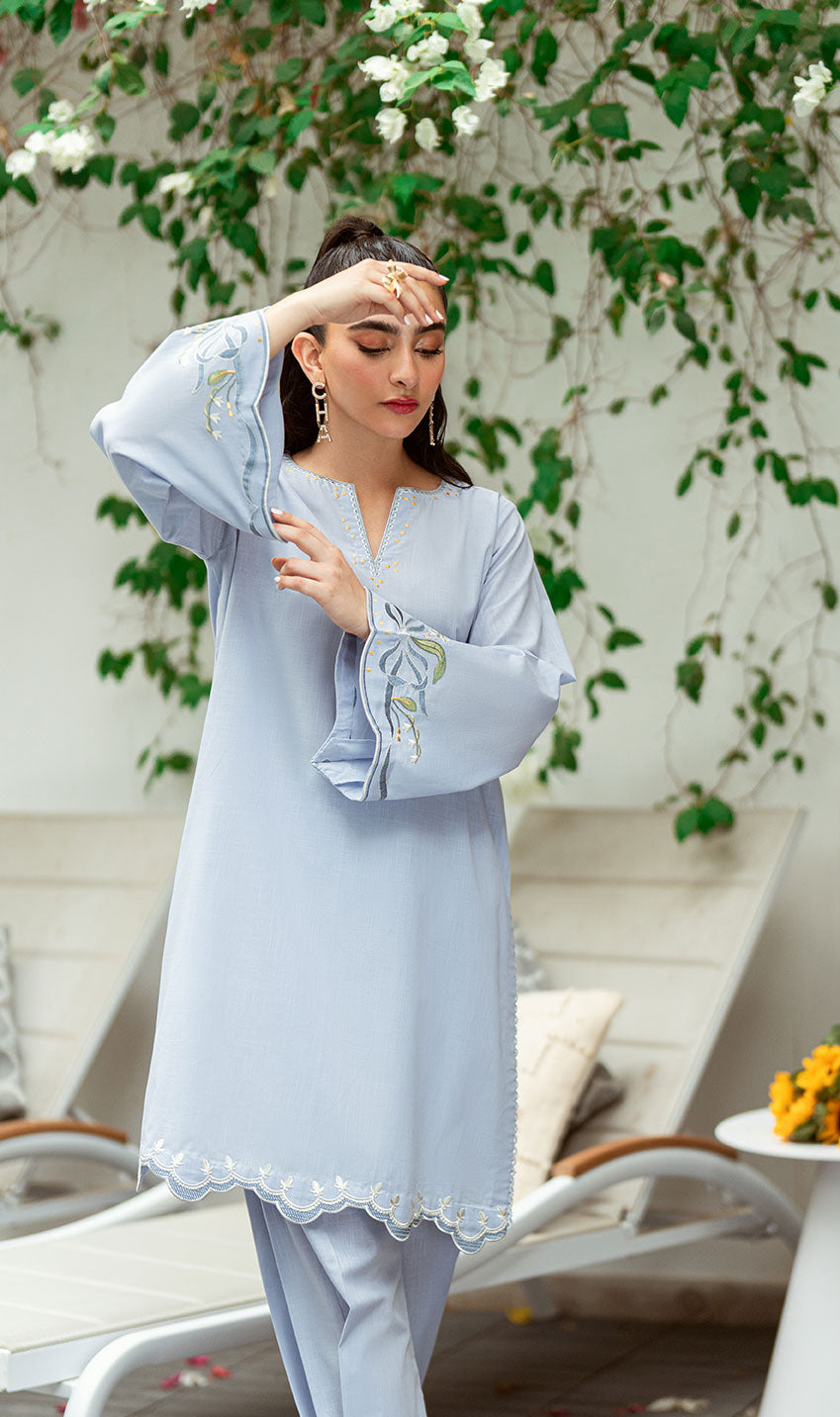 SS25DC-2567 SKY BLUE 2PCS EMBROIDERED KURTA WITH TROUSER