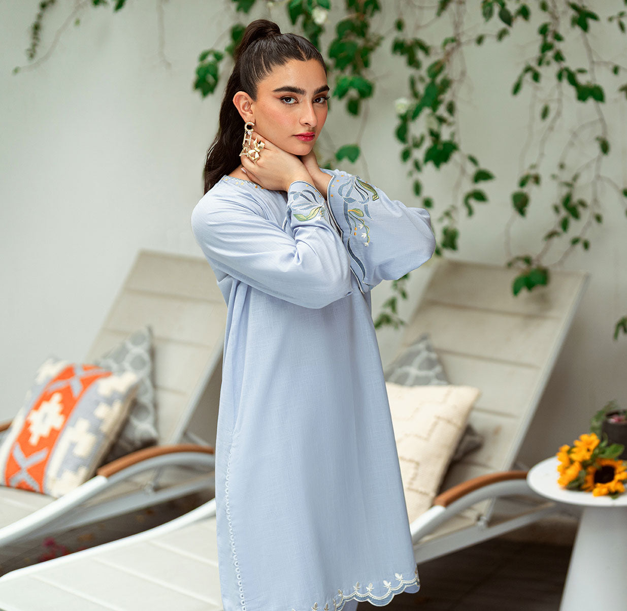 SS25DC-2567 SKY BLUE 2PCS EMBROIDERED KURTA WITH TROUSER