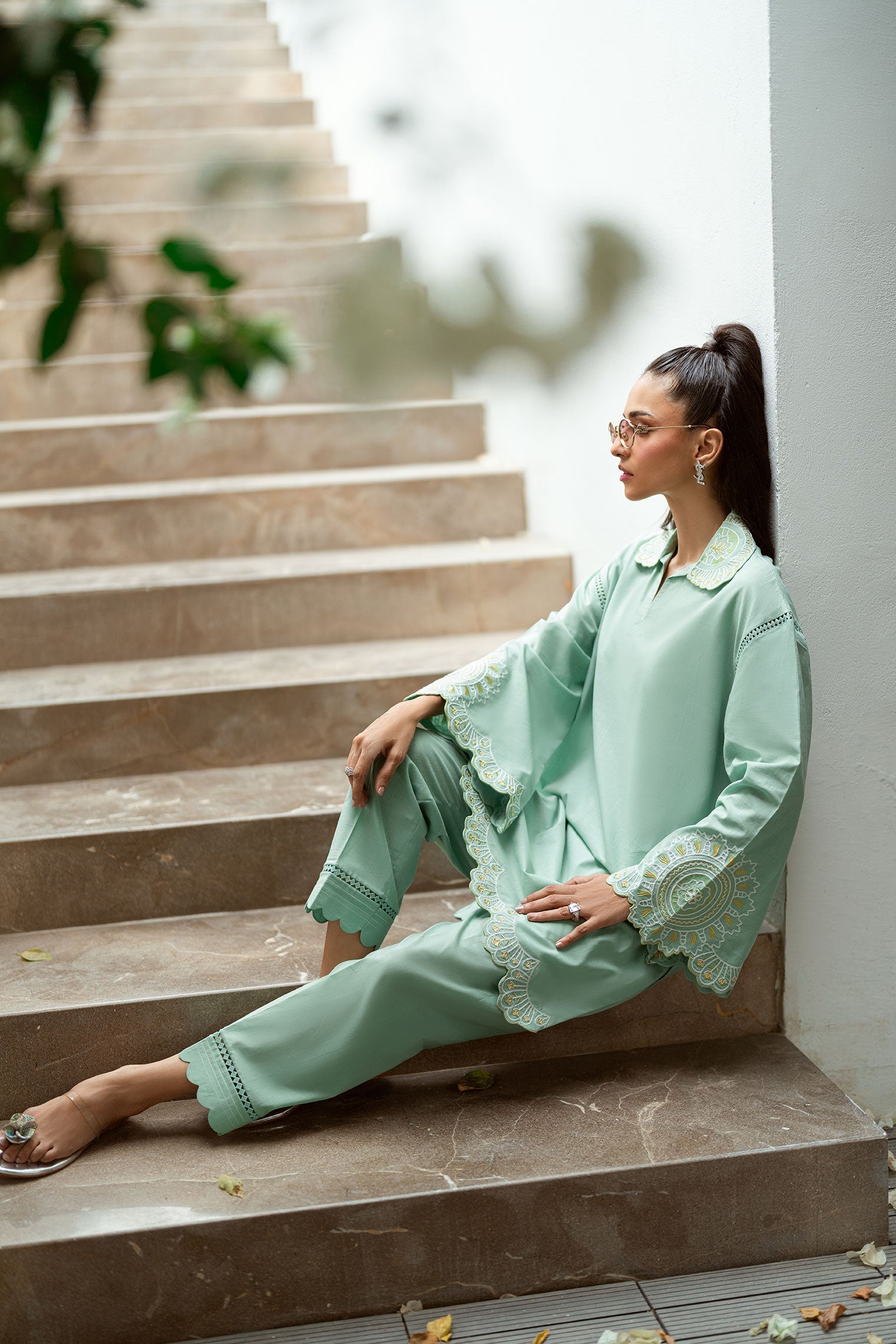 SS25DC-2569 MINT GREEN 2PCS EMBROIDERED KURTA WITH TROUSER