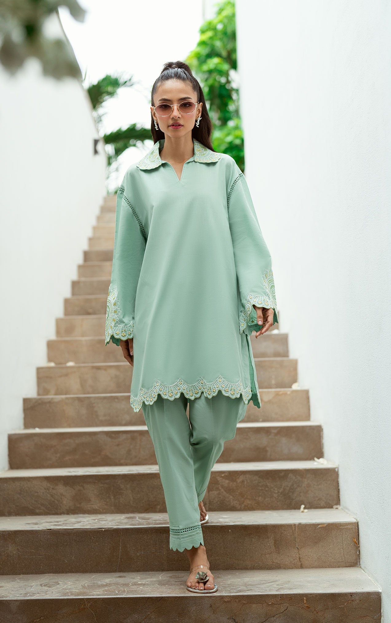 SS25DC-2569 MINT GREEN 2PCS EMBROIDERED KURTA WITH TROUSER