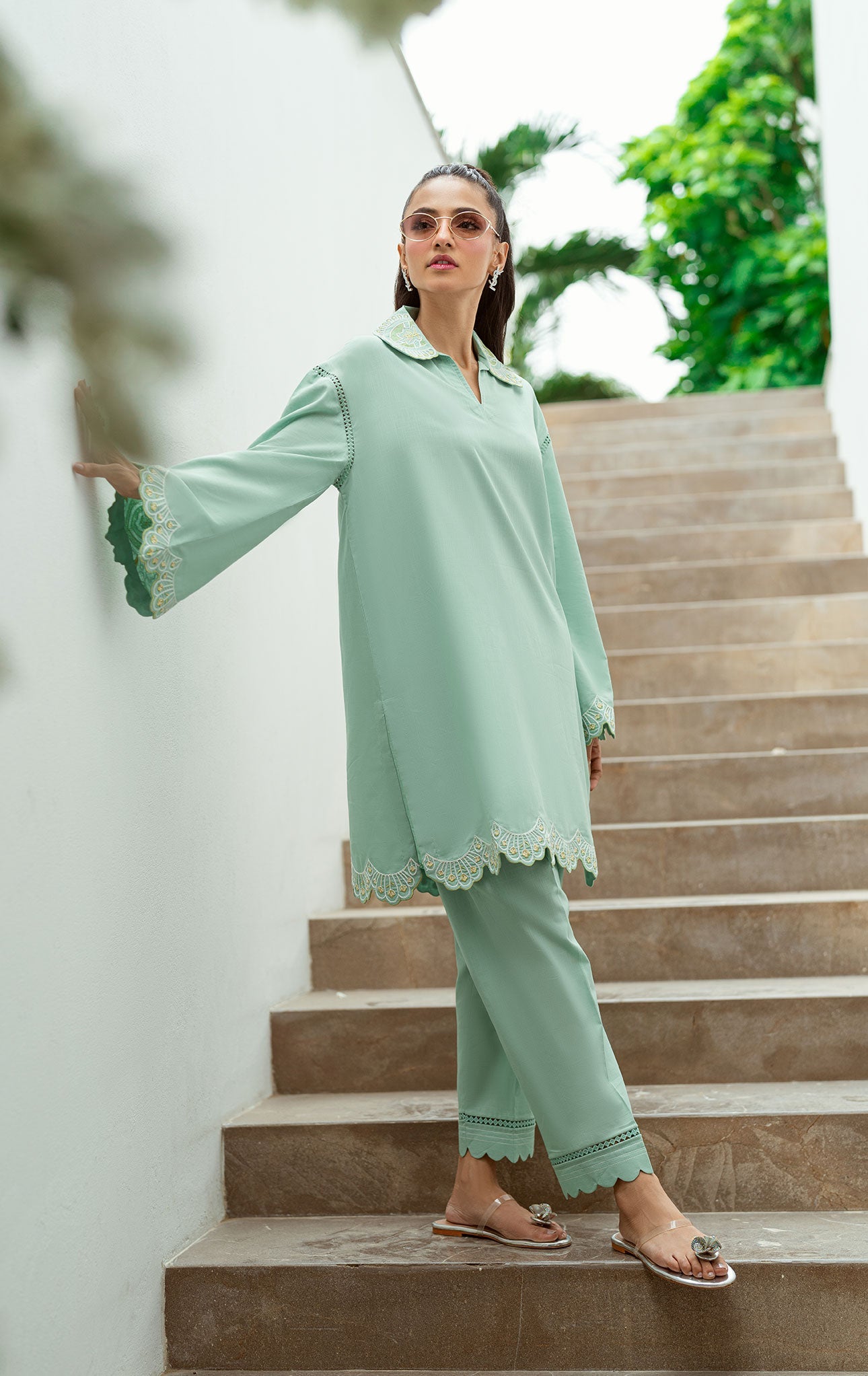 SS25DC-2569 MINT GREEN 2PCS EMBROIDERED KURTA WITH TROUSER