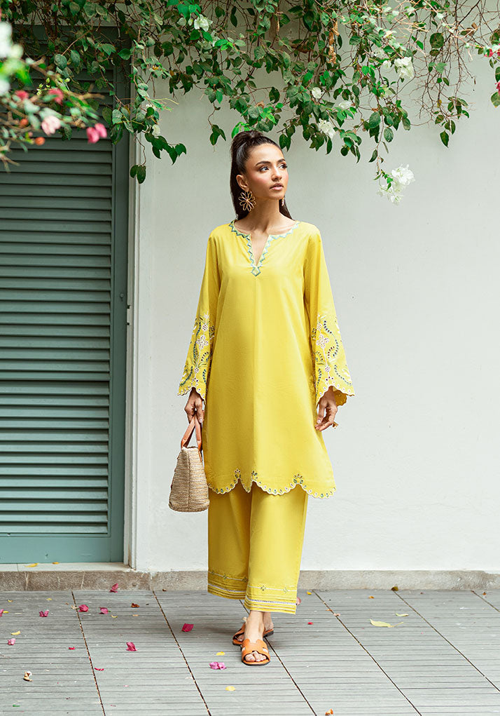 SS25DC-2571 MUSTARD 2PCS EMBROIDERED KURTA WITH TROUSER