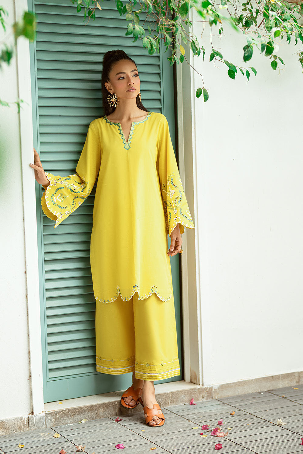 SS25DC-2571 MUSTARD 2PCS EMBROIDERED KURTA WITH TROUSER