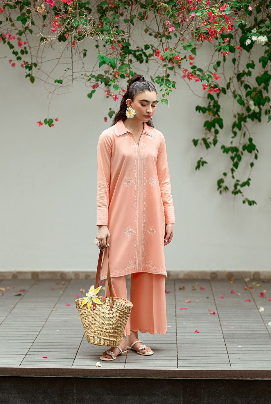 SS25DC-2573 PEACH 2PCS EMBROIDERED KURTA WITH TROUSER