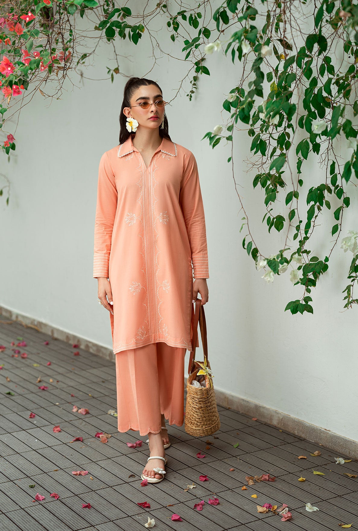 SS25DC-2573 PEACH 2PCS EMBROIDERED KURTA WITH TROUSER