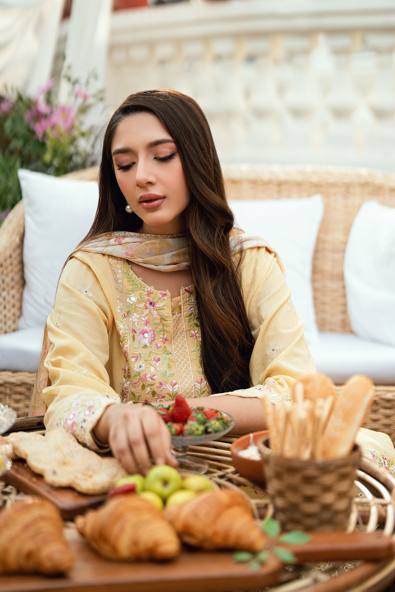 SS25DC-2578 YELLOW SWISS VOILE 2PCS EMBROIDERED KURTA WITH TROUSER