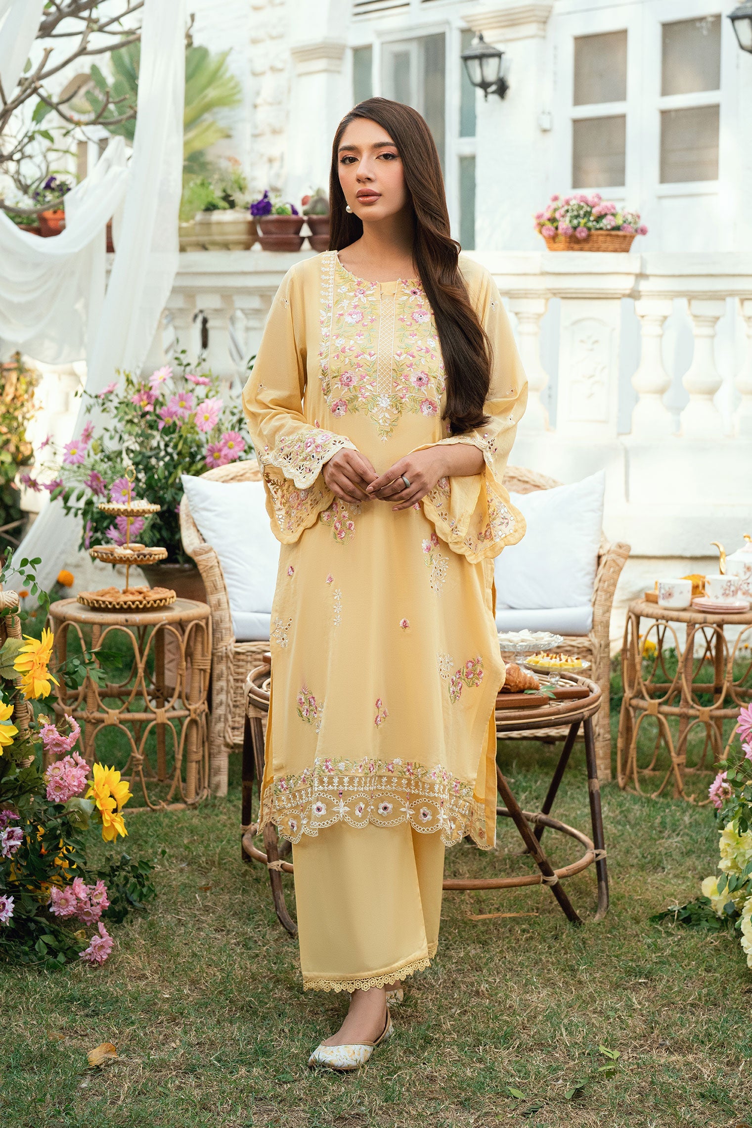 SS25DC-2578 YELLOW SWISS VOILE 2PCS EMBROIDERED KURTA WITH TROUSER