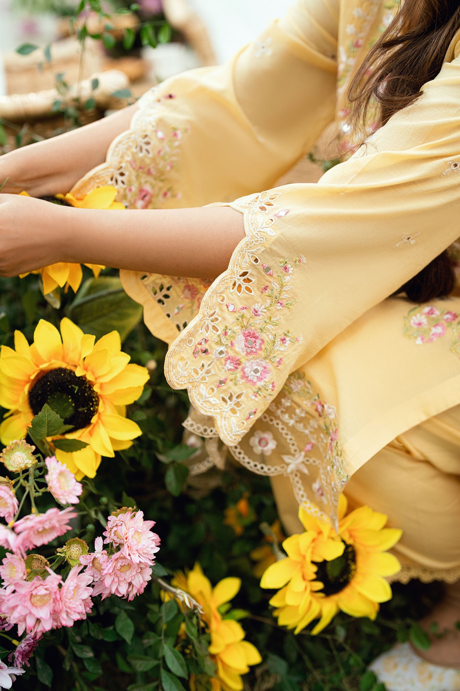 SS25DC-2578 YELLOW SWISS VOILE 2PCS EMBROIDERED KURTA WITH TROUSER
