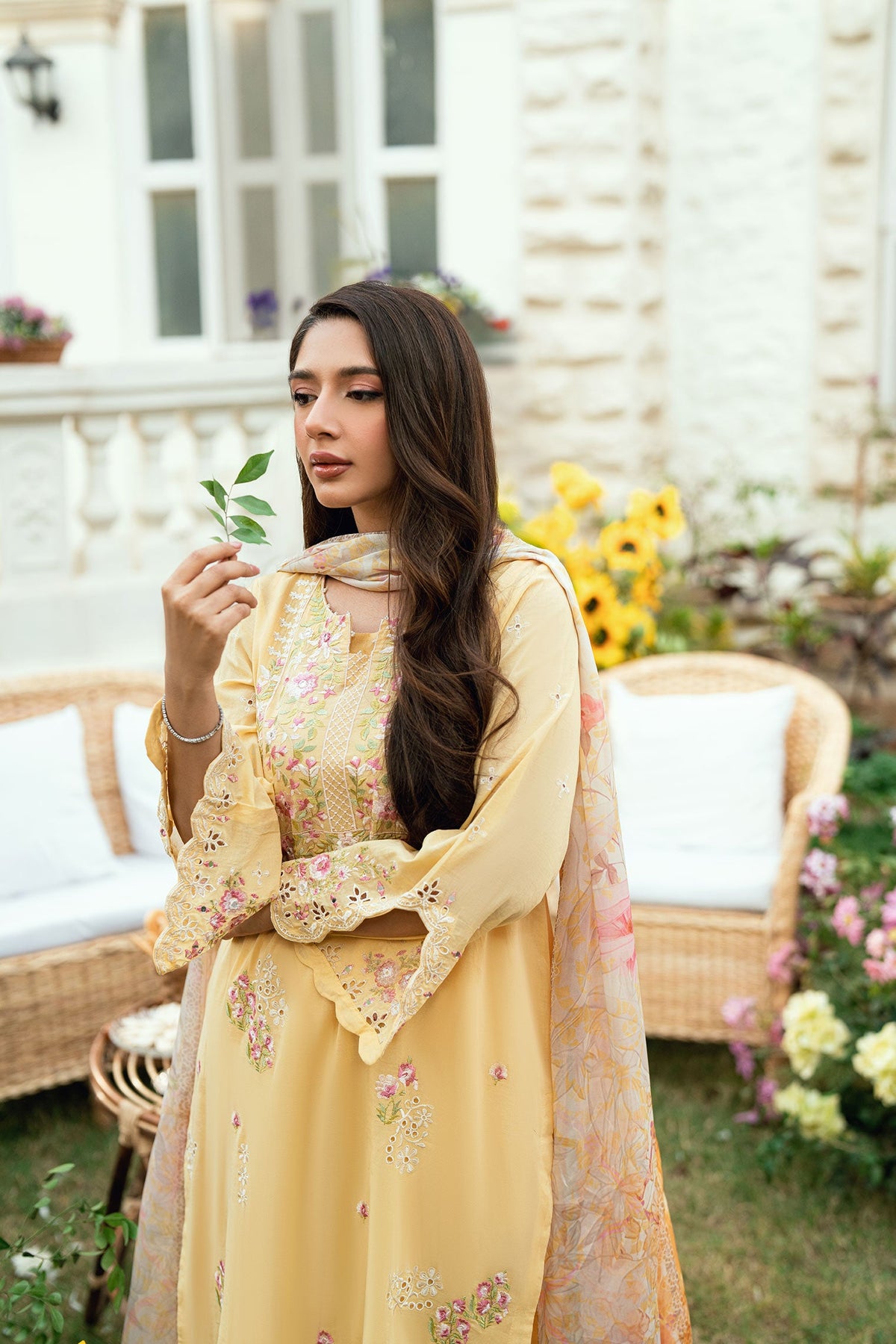 SS25DC-2578 YELLOW SWISS VOILE 2PCS EMBROIDERED KURTA WITH TROUSER