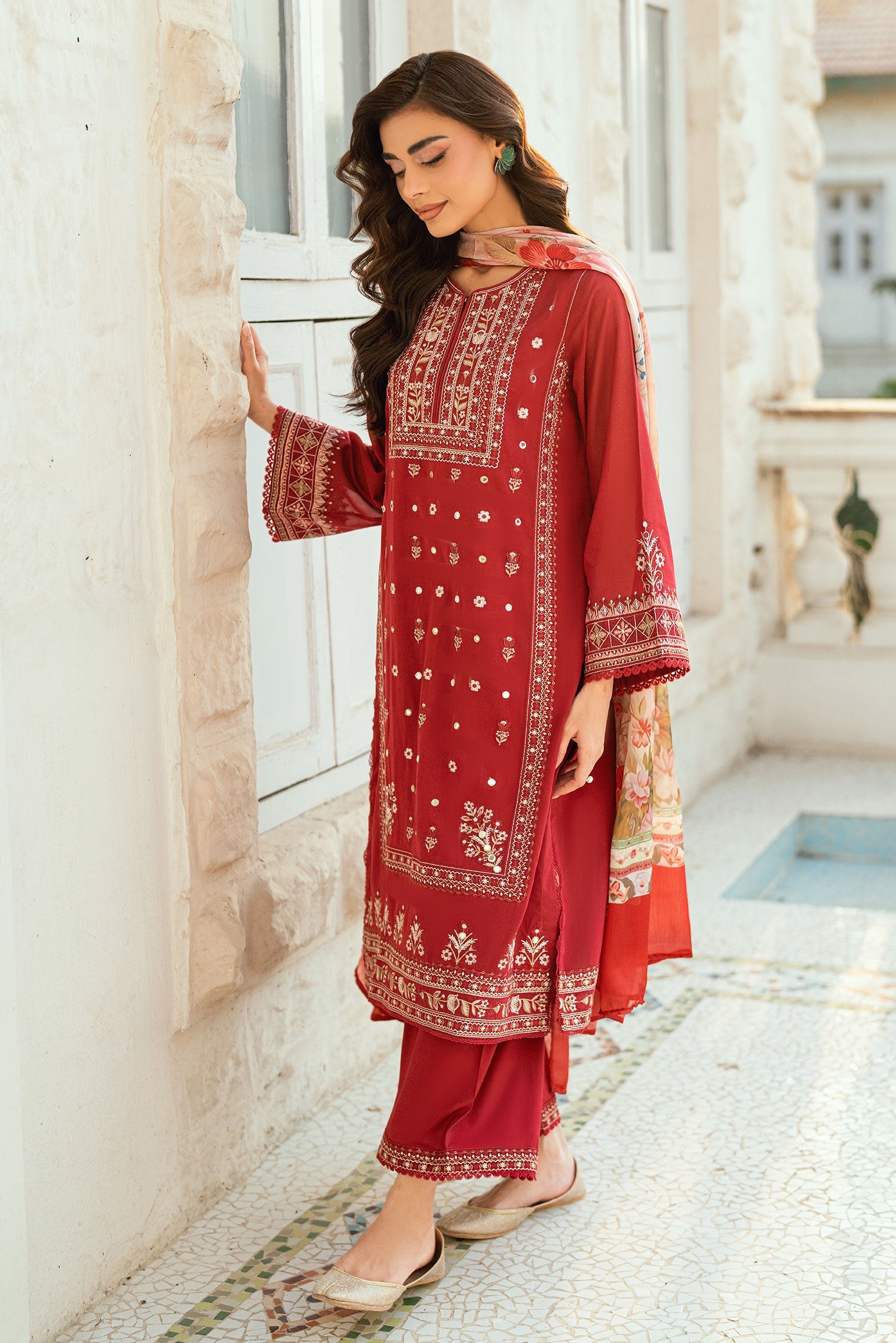 SS25DC-2579 RED SWISS VOILE 2PCS EMBROIDERED KURTA WITH TROUSER