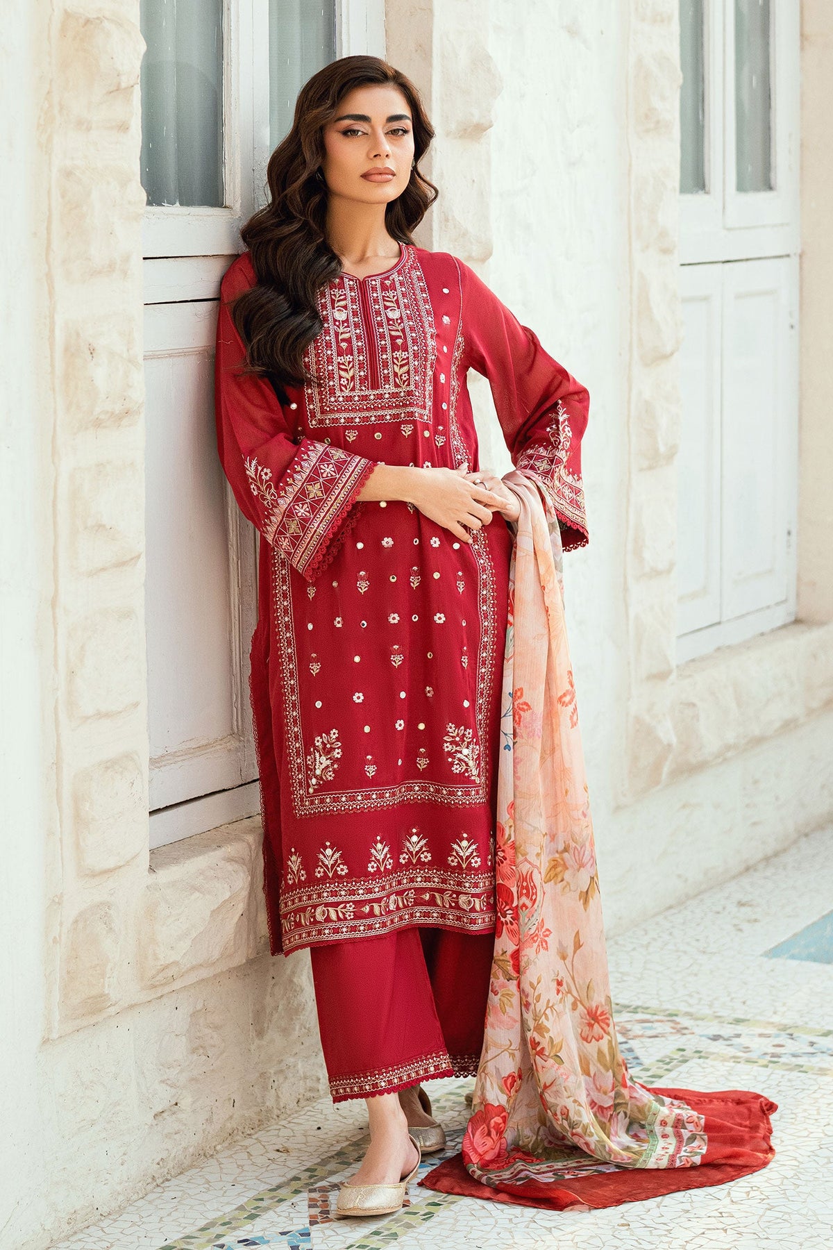 SS25DD-2579 RED PRINTED DUPATTA