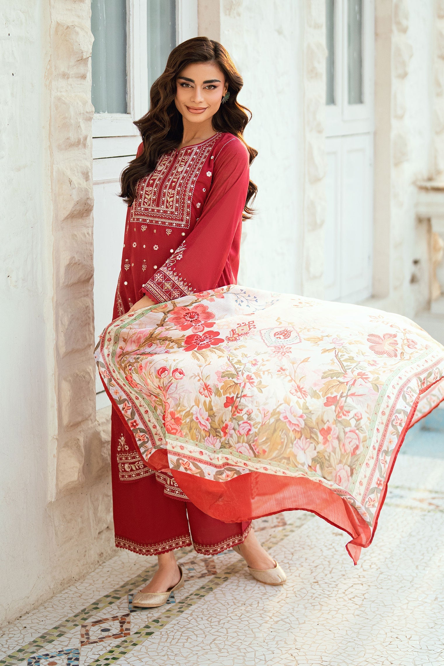 SS25DD-2579 RED PRINTED DUPATTA