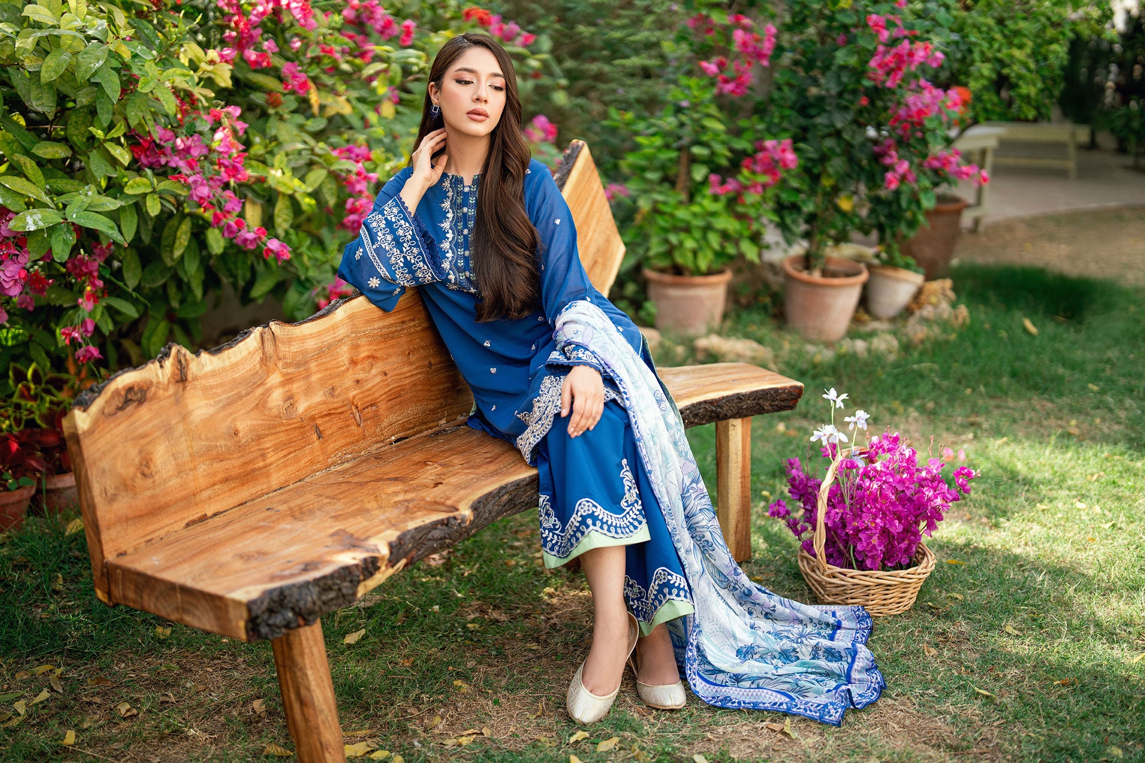SS25DC-2580 NAVY BLUE SWISS VOILE 2PCS EMBROIDERED KURTA WITH TROUSER