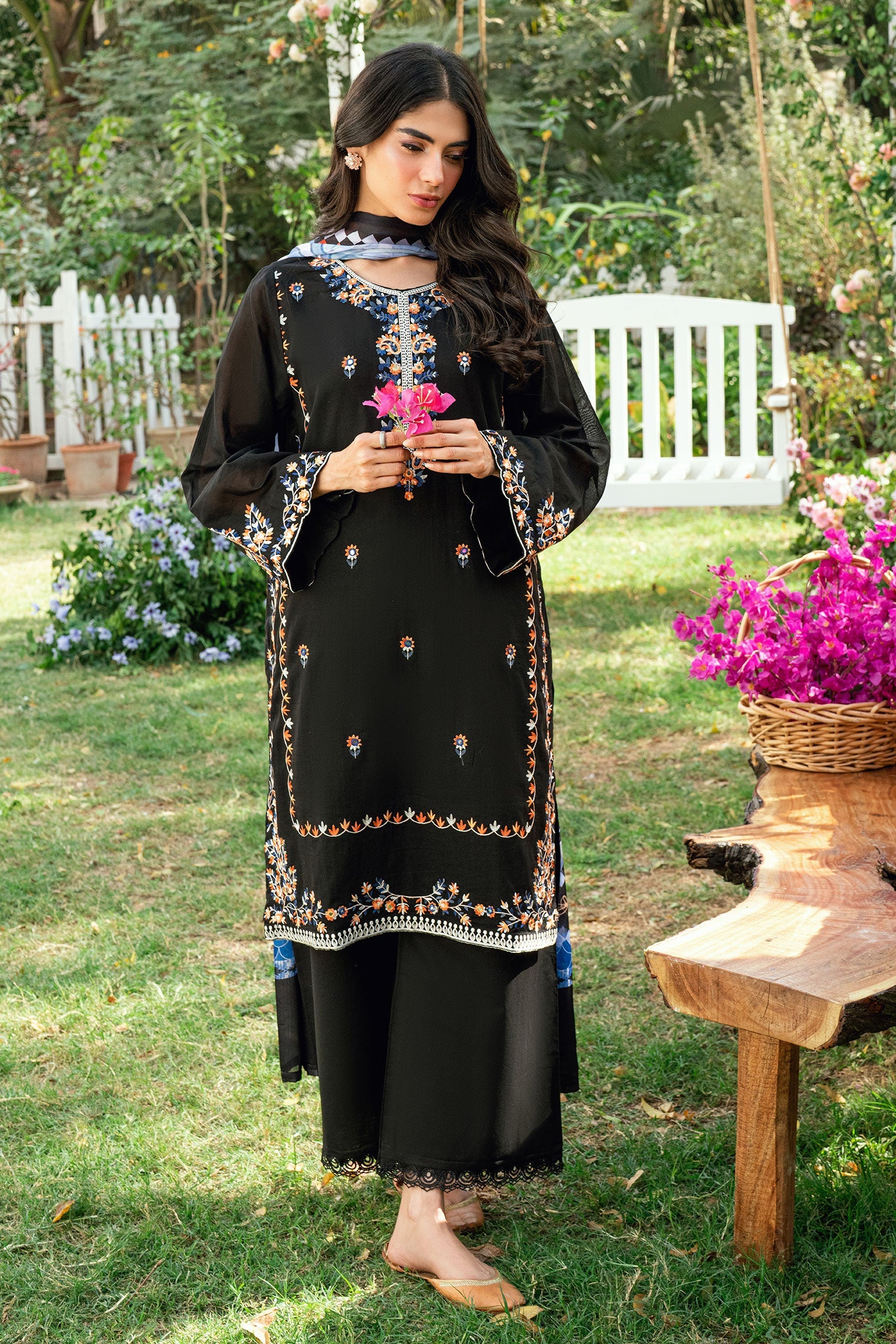 SS25DC-2581 BLACK SWISS VOILE 2PCS EMBROIDERED KURTA WITH TROUSER