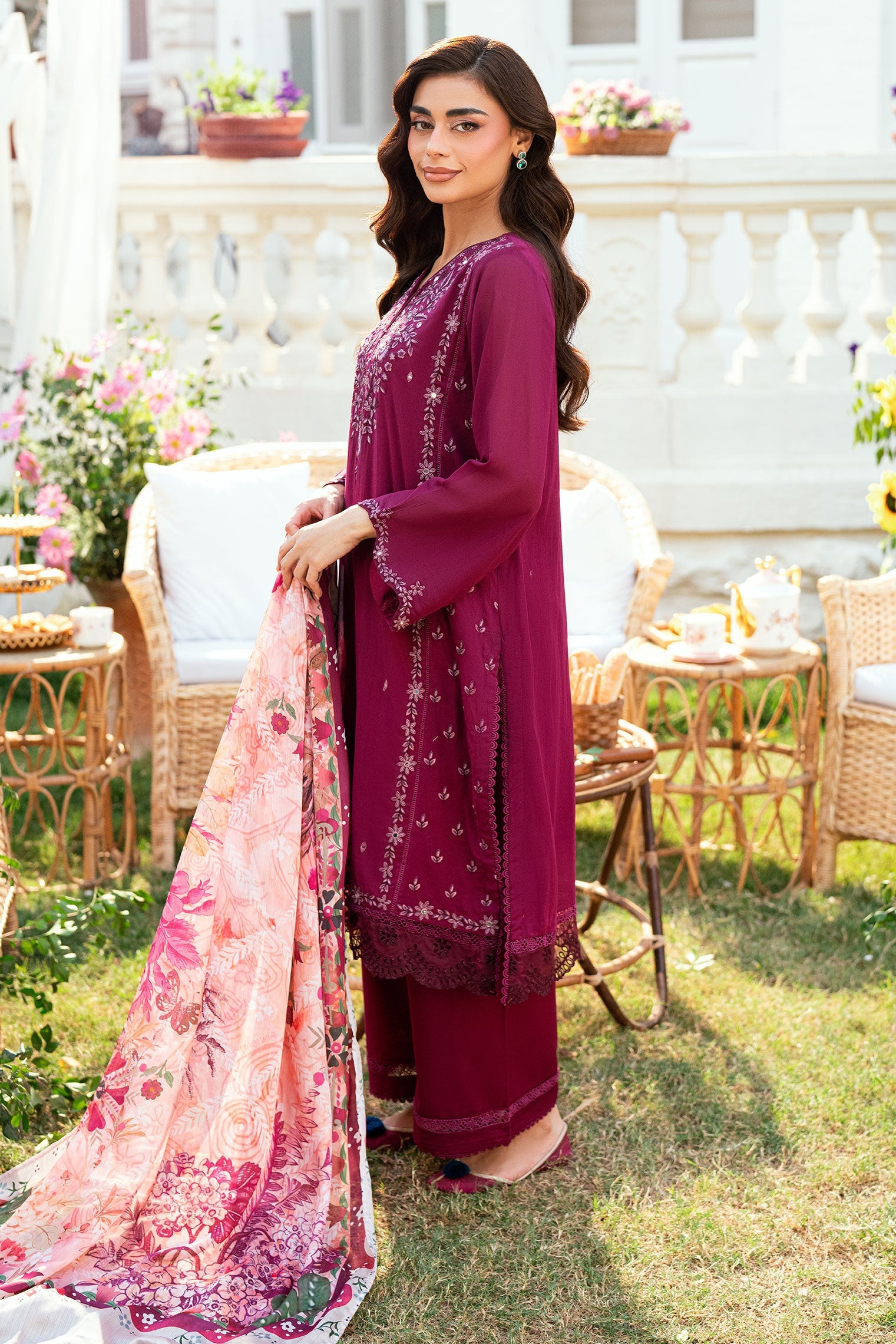 SS25DC-2582 MAGENTA SWISS VOILE 2PCS EMBROIDERED KURTA WITH TROUSER