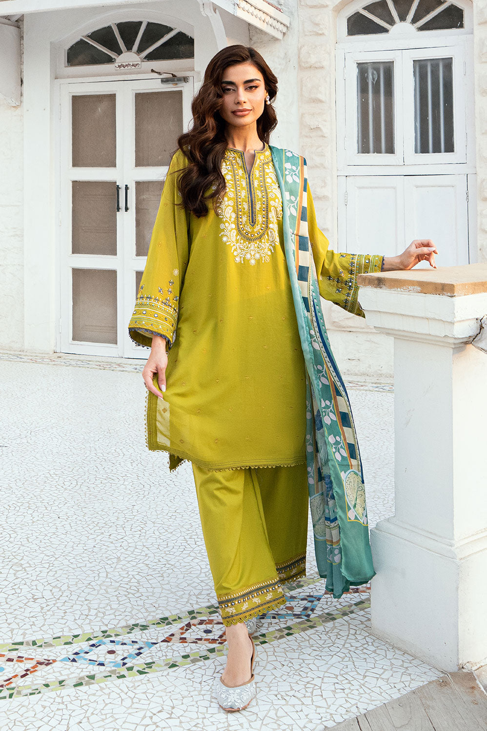 SS25DC-2583 OLIVE GREEN SWISS VOILE 2PCS EMBROIDERED KURTA WITH TROUSER