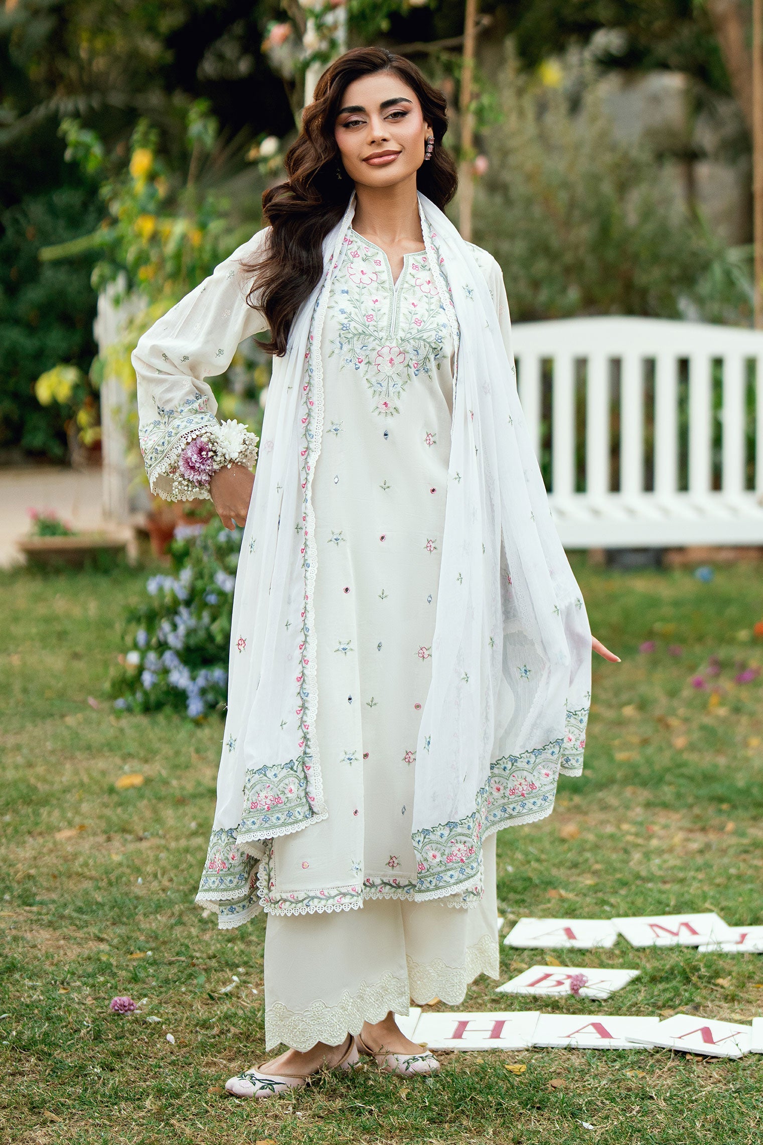 SS25DC-2584 OFF WHITE SWISS VOILE 2PCS EMBROIDERED KURTA WITH TROUSER