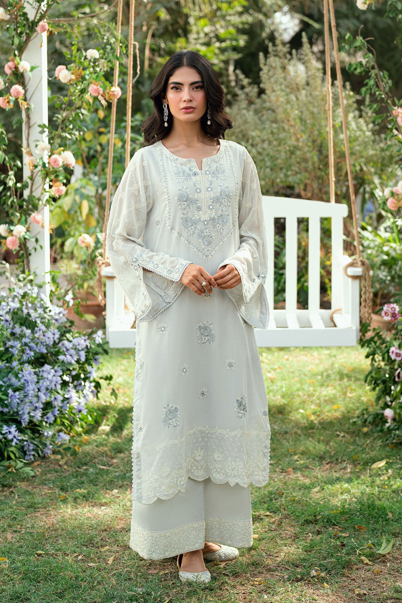 SS25DC-2586 GREY SWISS VOILE 2PCS EMBROIDERED KURTA WITH TROUSER