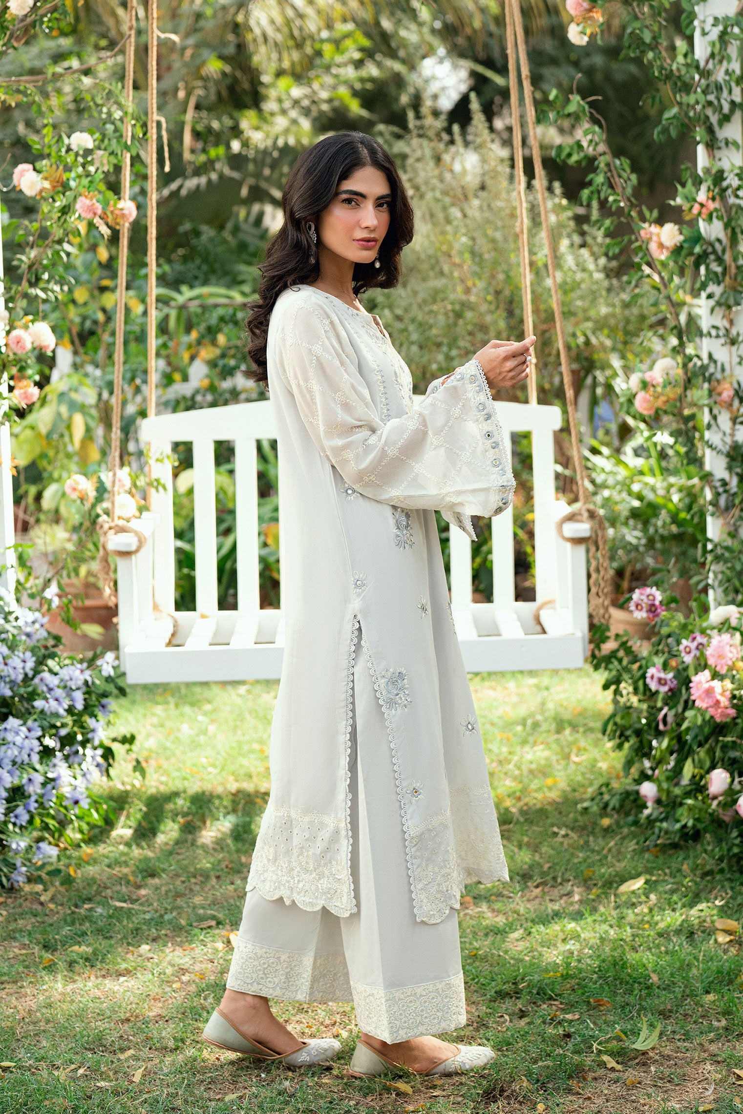 SS25DC-2586 GREY SWISS VOILE 2PCS EMBROIDERED KURTA WITH TROUSER