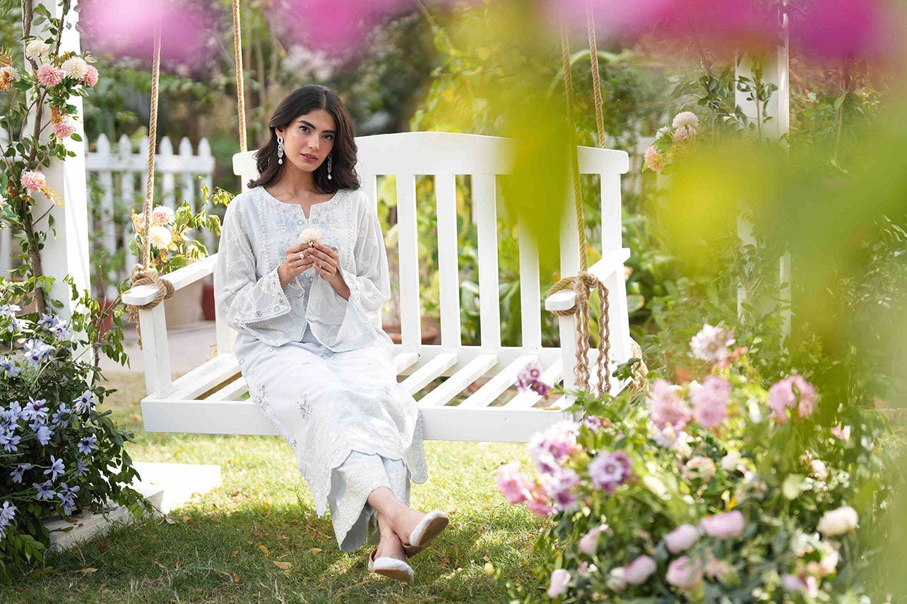 SS25DC-2586 GREY SWISS VOILE 2PCS EMBROIDERED KURTA WITH TROUSER