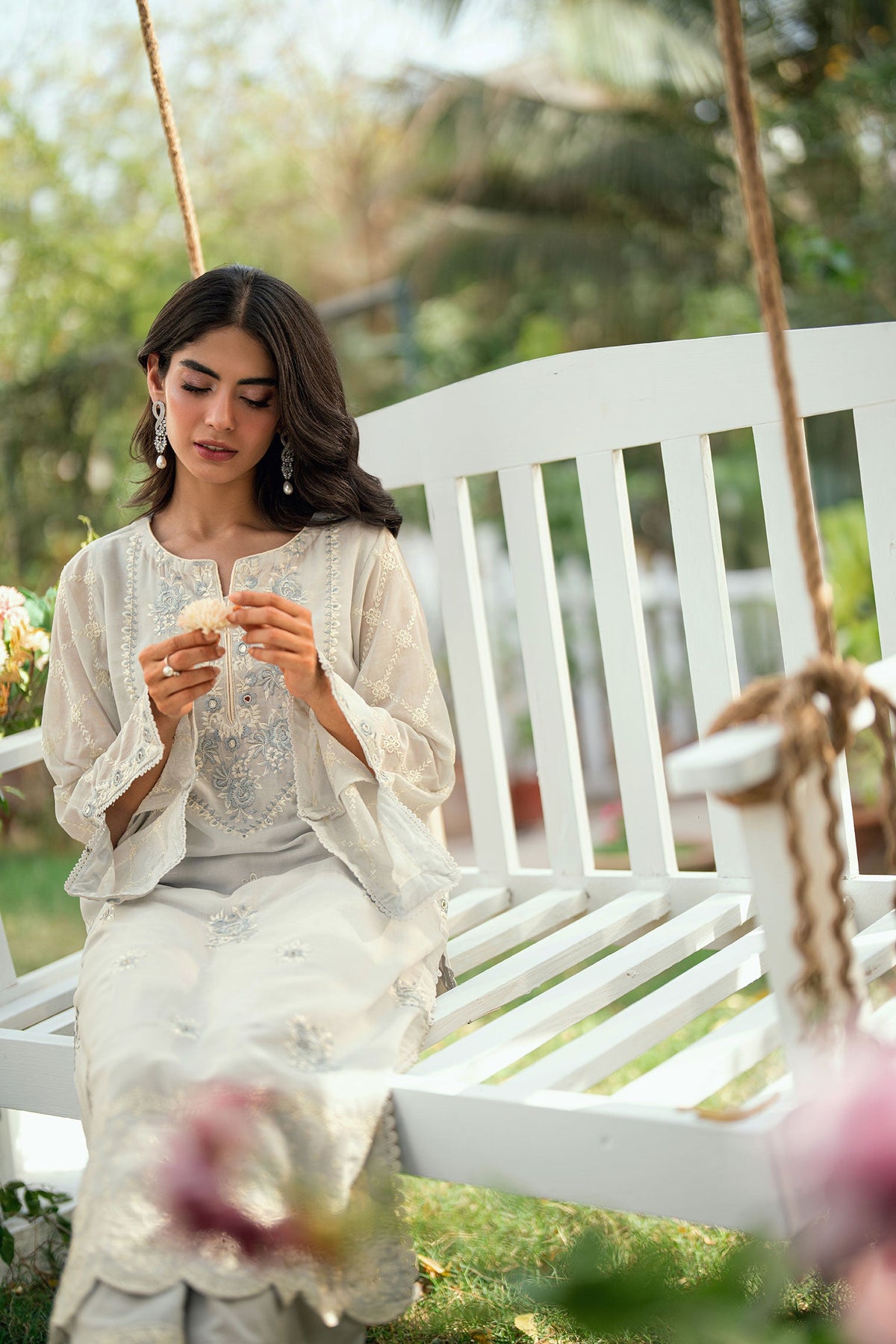 SS25DC-2586 GREY SWISS VOILE 2PCS EMBROIDERED KURTA WITH TROUSER