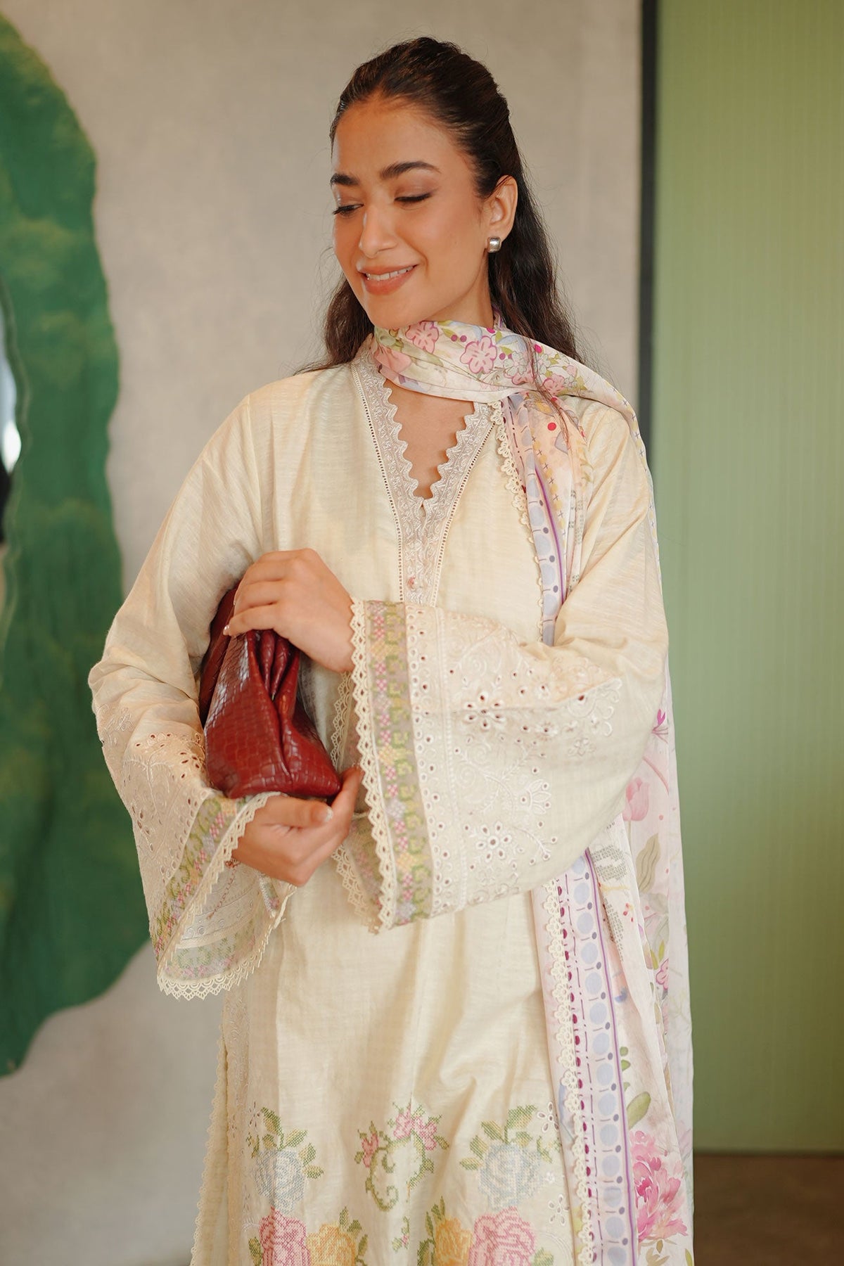 SS26DC-2587 - OFF WHITE - COTTON JACQUARD - 2PCS - EMBROIDERED KURTA WITH TROUSER